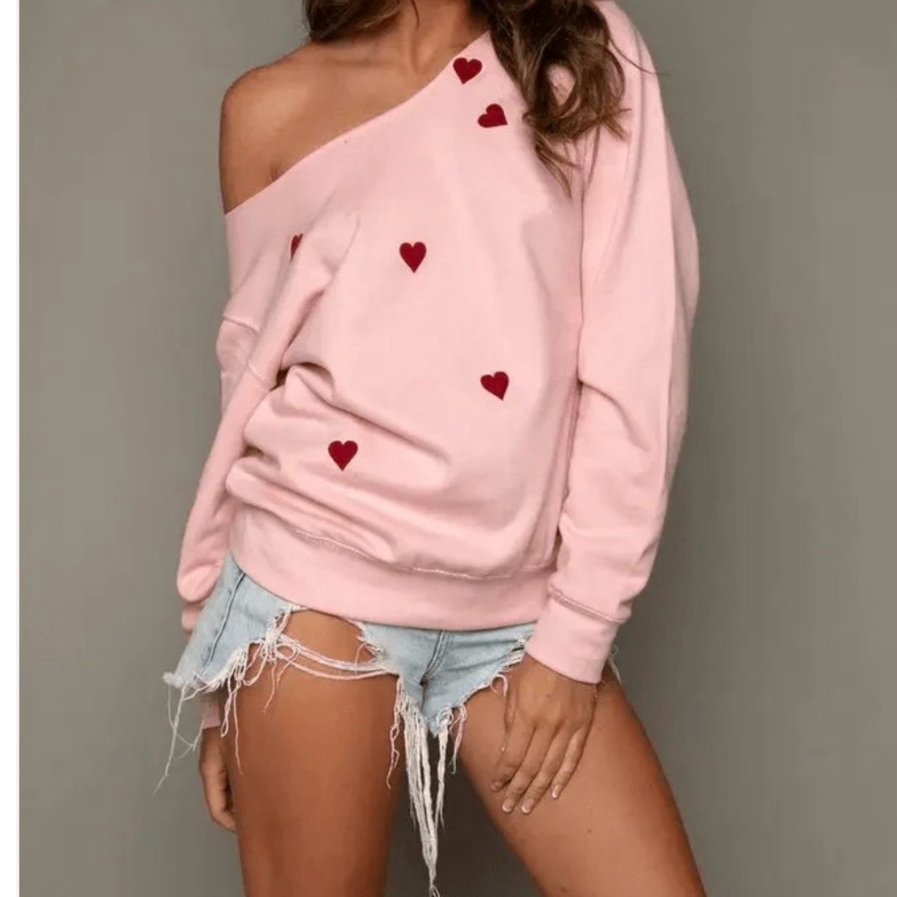 James Steward Off Shoulder Pink Heart Sweatshirt, Medium